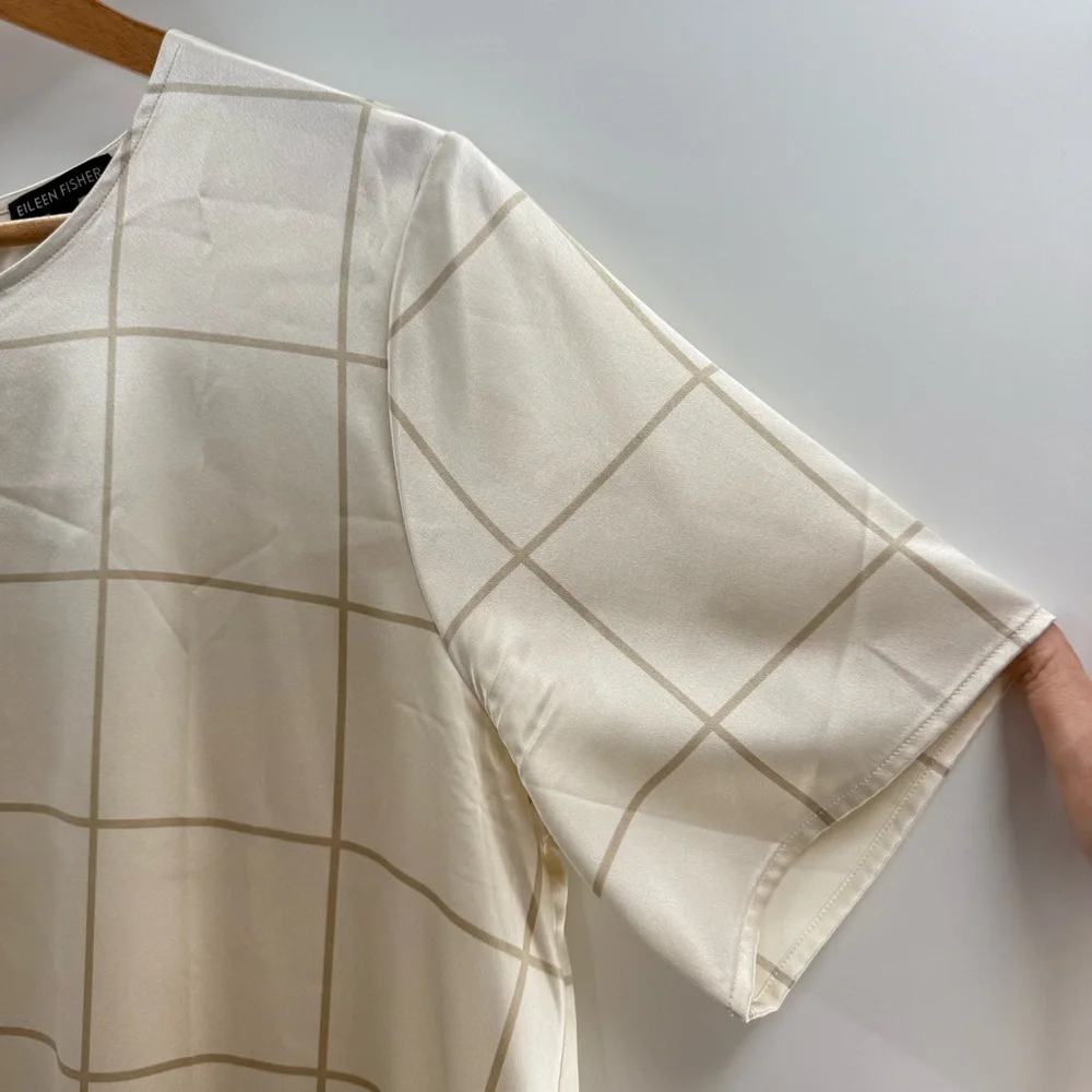 Eileen Fisher Silk Jewel Neck Short Sleeve Box Top Cream Blouse Size Large - Picture 5 of 13